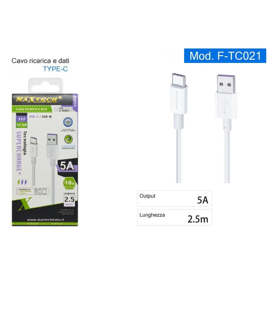 Cavo Type-c Usb 2.5mt Supercharge Ricarica Rapida 5a Dati Per Smartphone F-tc021         