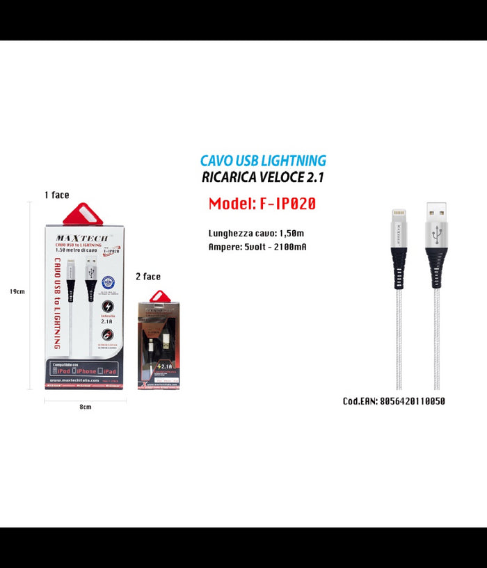 Cavo Usb 1,5mt Caricabatteria Usb 2.1 Lightning Iphone Ipad Ipod Maxtech F-ip020         