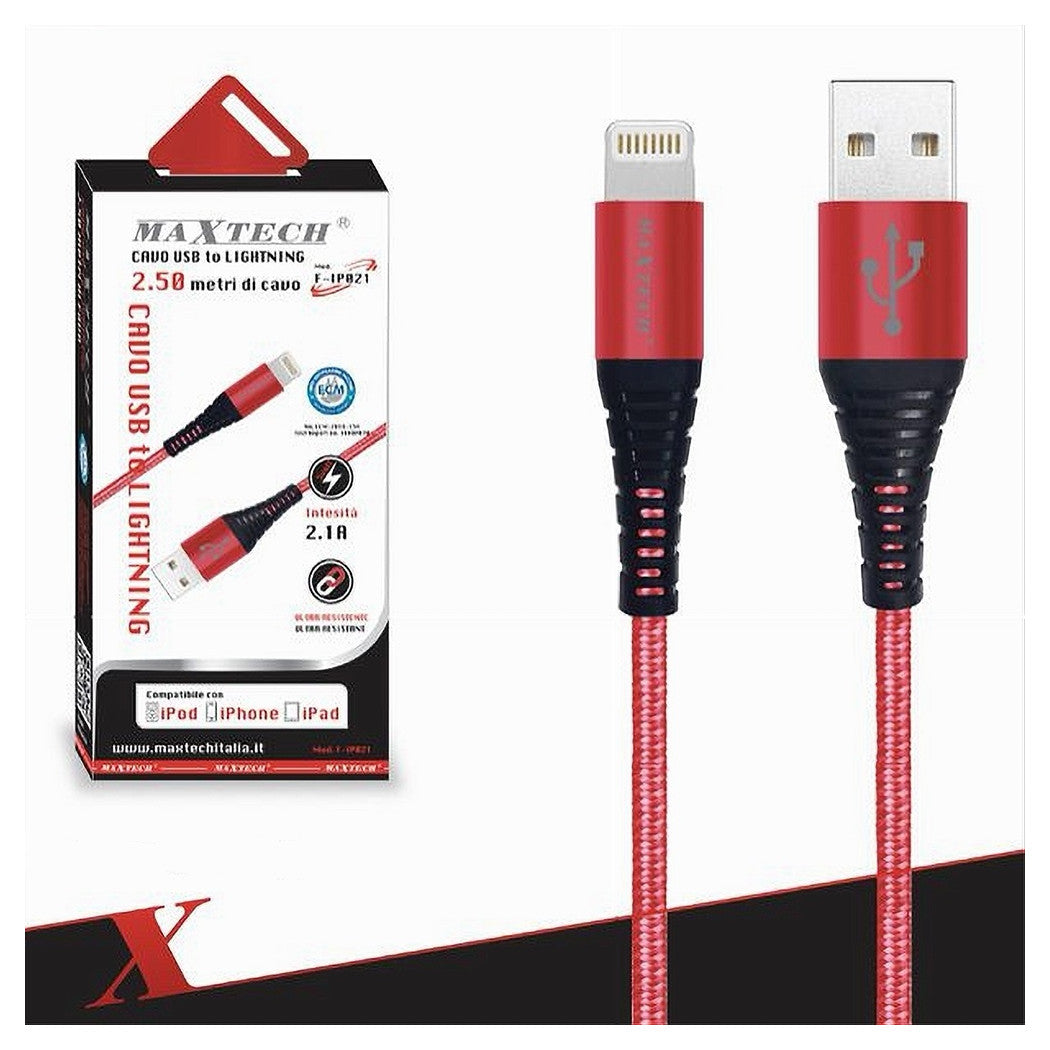 Cavo Usb A Lightning Per Smartphone 2.1a 2.5mt Trasmissione Dati Maxtech F-ip021         