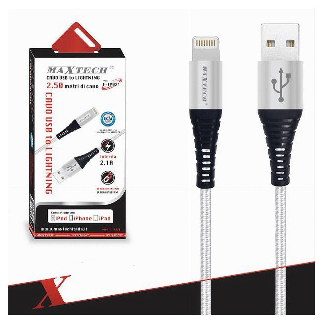 Cavo Usb A Lightning Per Smartphone 2.1a 2.5mt Trasmissione Dati Maxtech F-ip021         