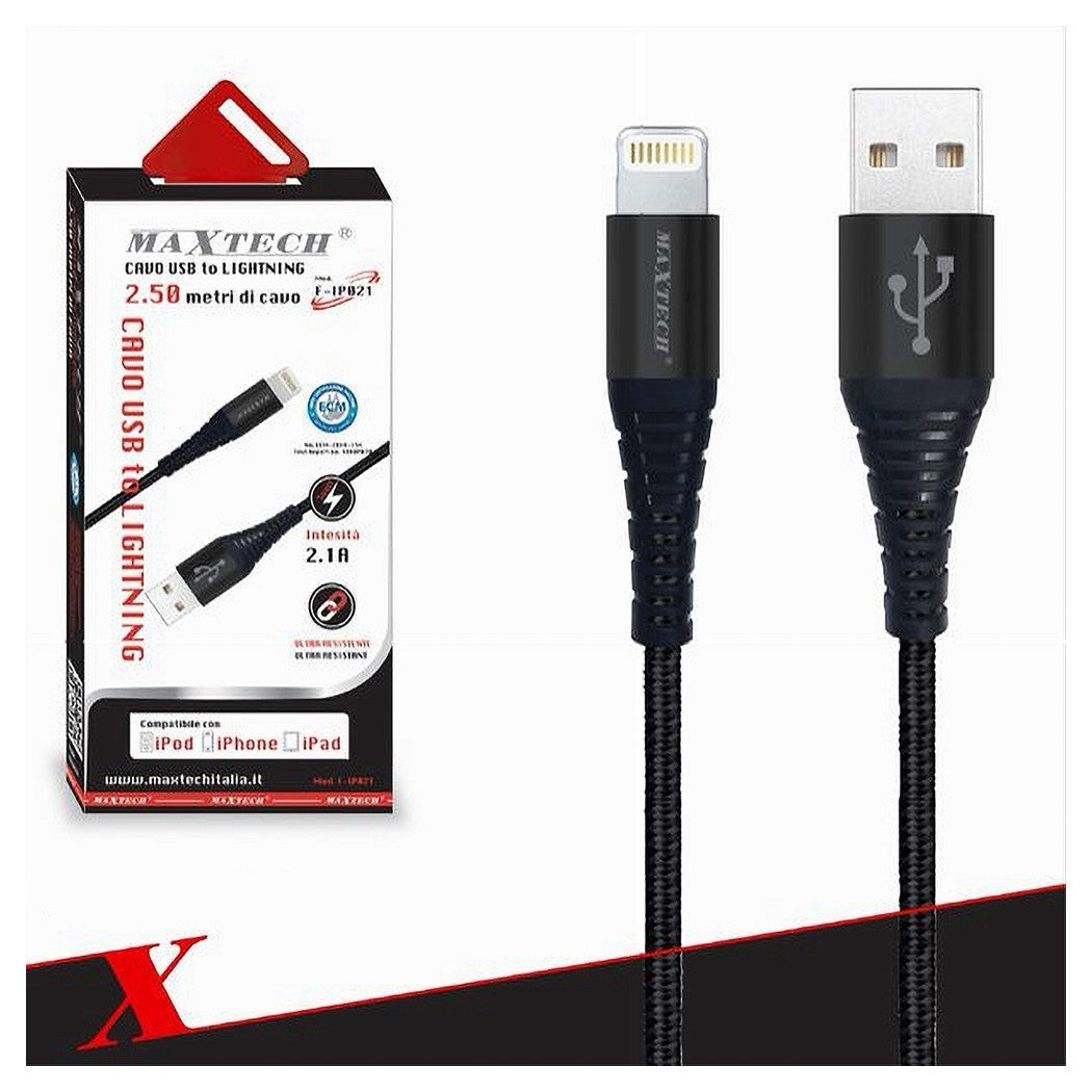 Cavo Usb A Lightning Per Smartphone 2.1a 2.5mt Trasmissione Dati Maxtech F-ip021         