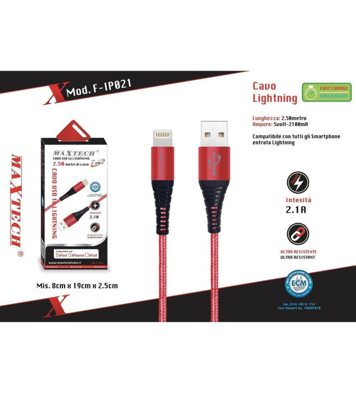 Cavo Usb A Lightning Per Smartphone 2.1a 2.5mt Trasmissione Dati Maxtech F-ip021         