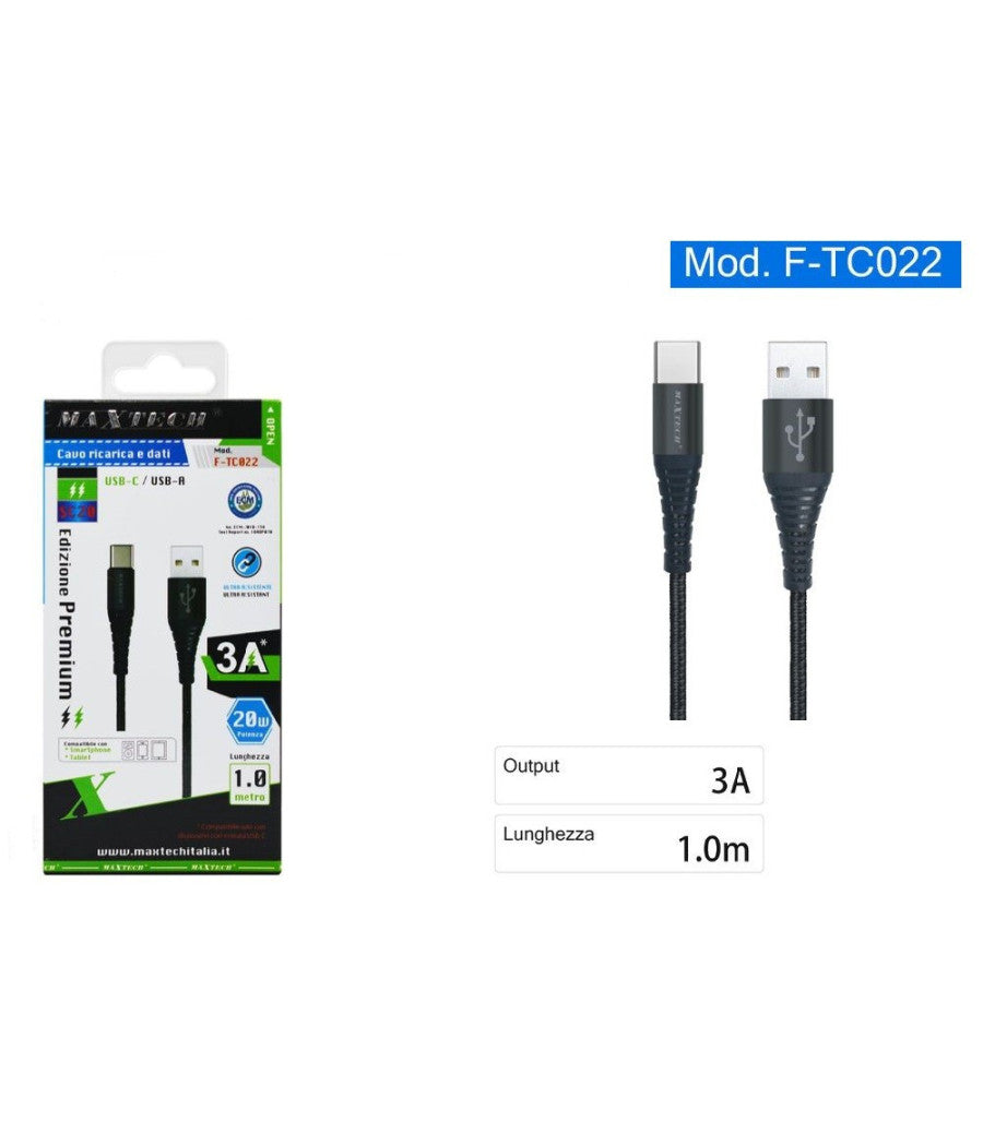 Cavo Usb-a / Type-c 3.0a 1 Mt Dati Ricarica Rapida Per Smartphone Tablet F-tc022         