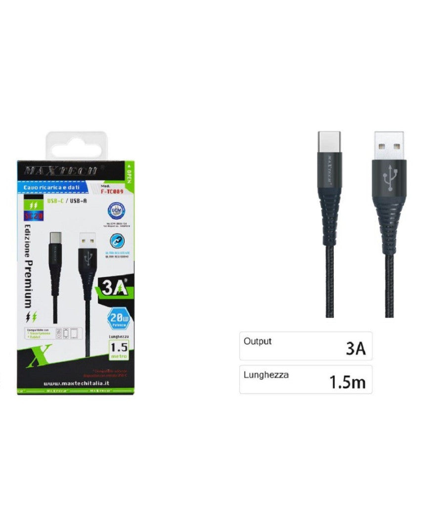 Cavo Usb A Type C Dati Ricarica Per Samsung Huawei 1.5 Metri 3a Maxtech F-tc009         