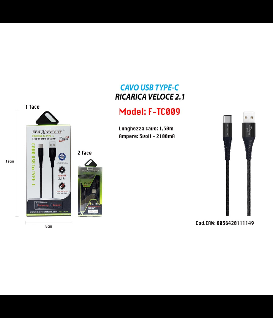 Cavo Usb A Type C Dati Ricarica Per Samsung Huawei 1.5 Metri 3a Maxtech F-tc009         