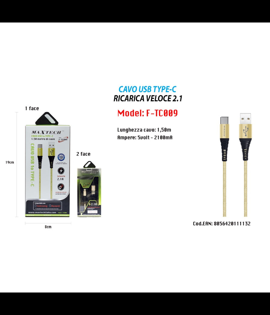 Cavo Usb A Type C Dati Ricarica Per Samsung Huawei 1.5 Metri 3a Maxtech F-tc009         