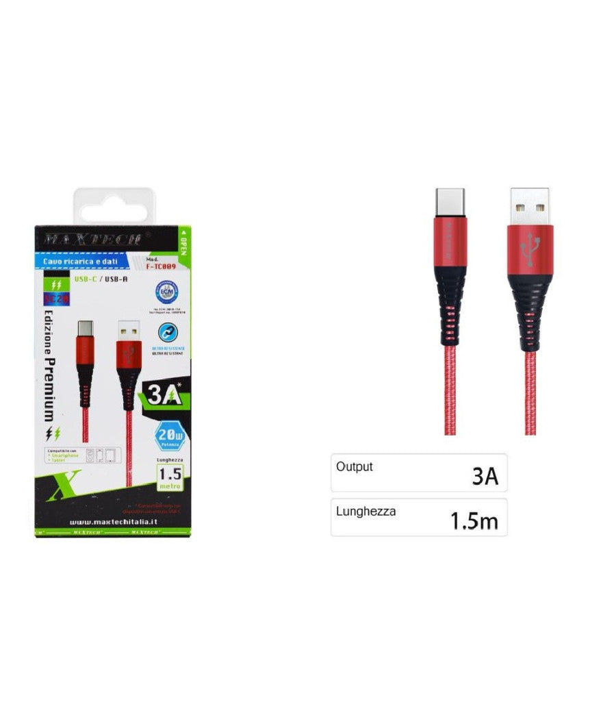 Cavo Usb A Type C Dati Ricarica Per Samsung Huawei 1.5 Metri 3a Maxtech F-tc009         