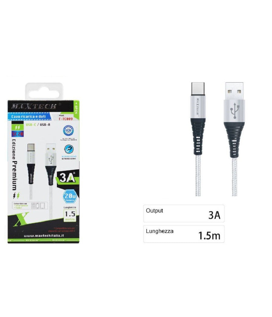 Cavo Usb A Type C Dati Ricarica Per Samsung Huawei 1.5 Metri 3a Maxtech F-tc009         