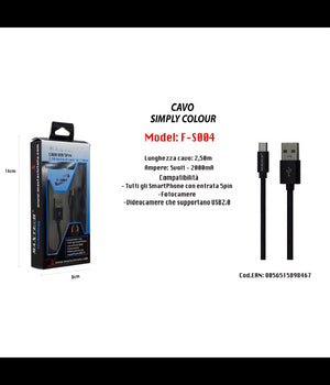 Cavo Usb Android 5pin 2.50 Mt 5v-2100ma Per Smartphone Fotocamere Maxtech F-s004 Nero         