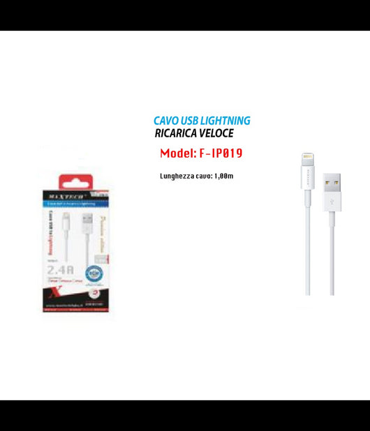 Cavo Usb Dati E Ricarica Per Iphone Ipod Ipad Lightning A Usb 1mt Maxtech F-ip019         