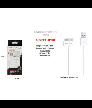 Cavo Usb Dati Per Apple 30 Pin Iphone 3 / 3s / 4g / 4s Ipad Ipod Maxtech F-ip001         