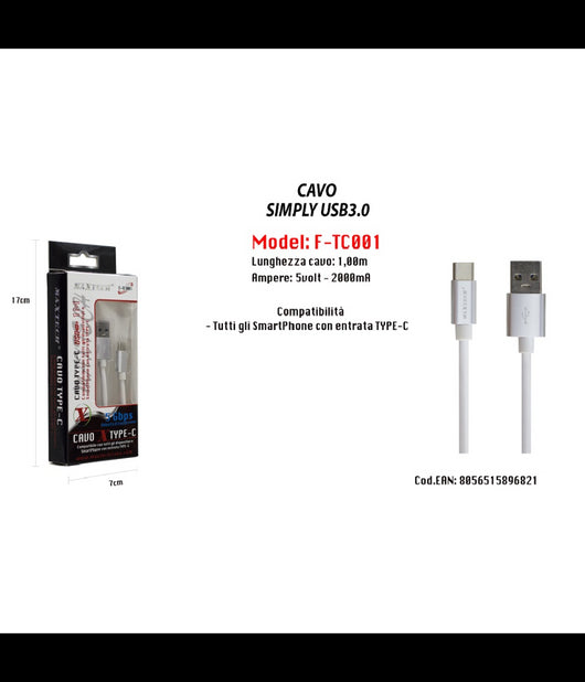 Cavo Usb Di Ricarica Simply Usb 3.0 Da 1mt Ampere Cellulare 5v-2000ma Maxtech F-tc001         