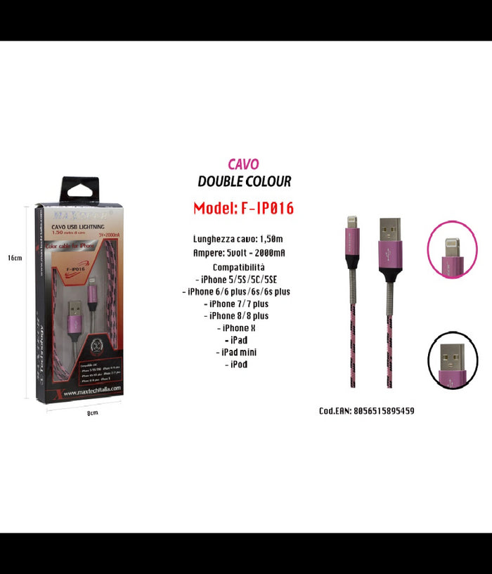 Cavo Usb Double Colour Iphone Ipad Ipod 5volt - 2000ma 1,50 Mt Maxtech F-ip016         