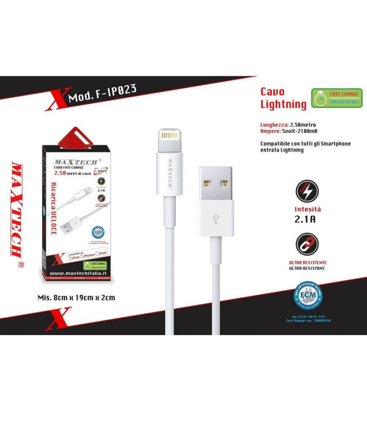 Cavo Usb Lightning Ricarica Alta Velocità  Trasmissione Dati 2.5mt Maxtech F-ip023         