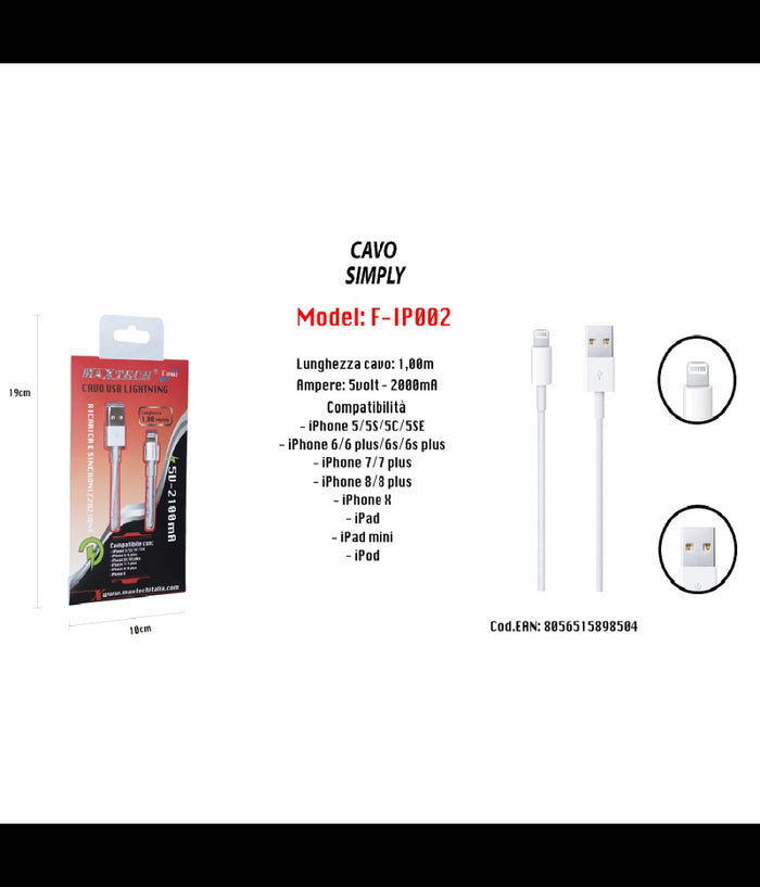 Cavo Usb Simply Ricarica Per Iphone Ipad Ipod 1 Mt 5volt-2000ma Maxtech F-ip002         