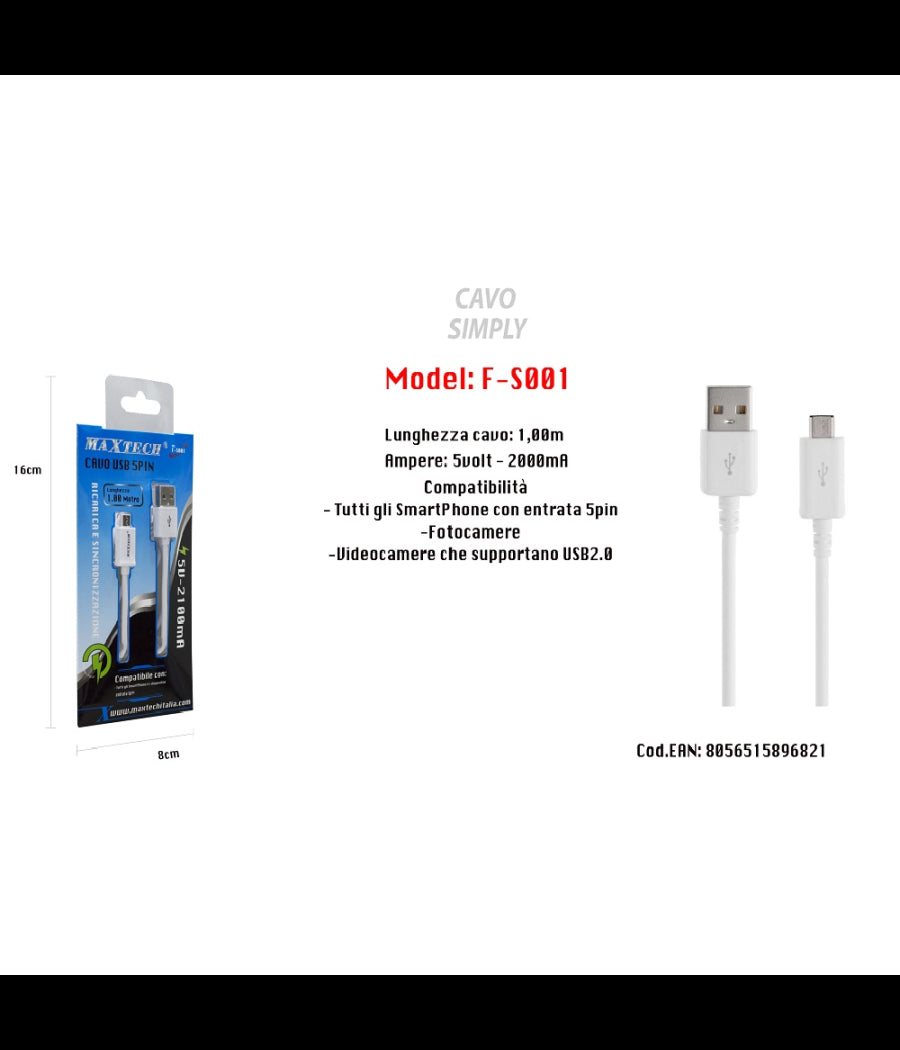 Cavo Usb Simply Smartphone Samsung 5volt - 2000ma 1,00mt 5pin Maxtech F-s001         