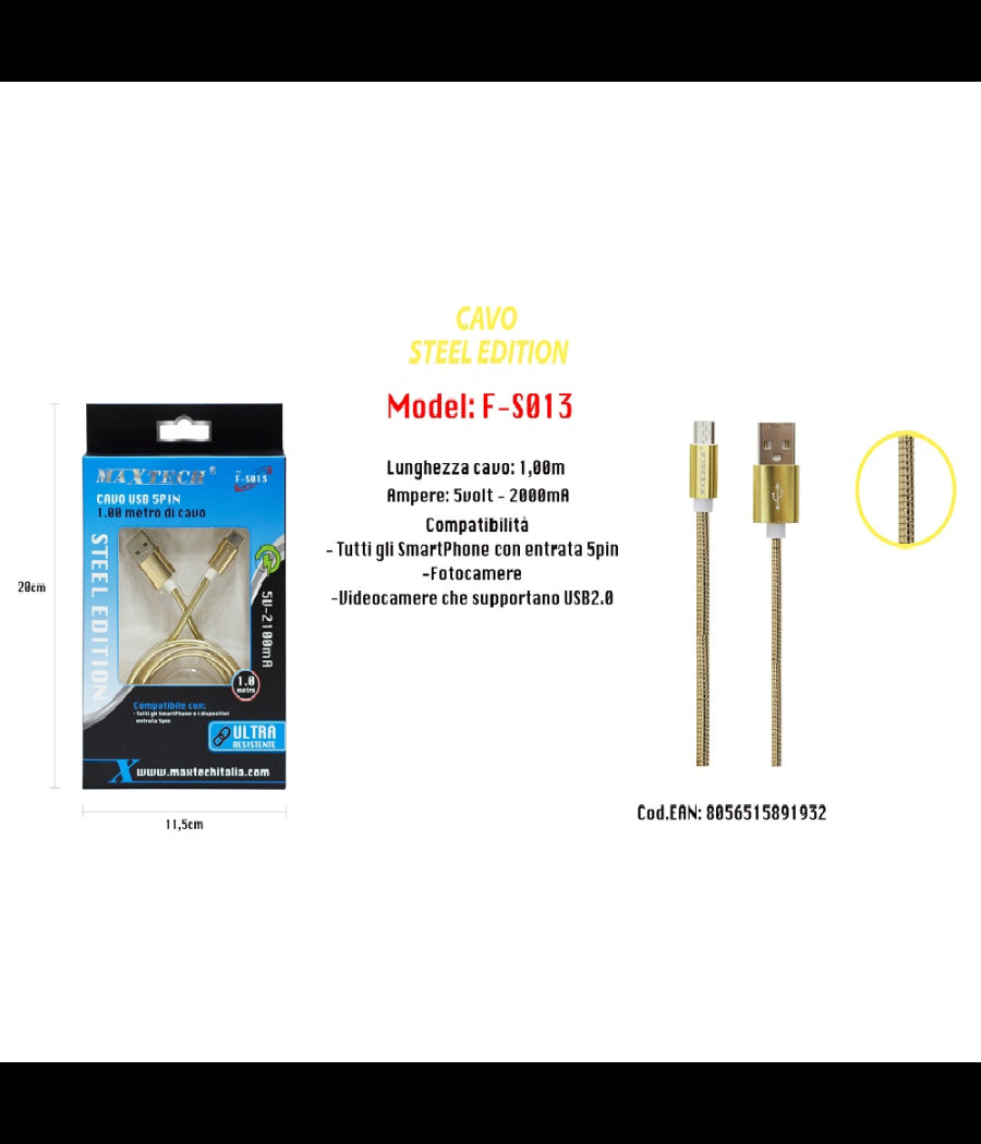 Cavo Usb Steel Edition X Smartphone 5 Pin 5volt - 2100ma 1,0 Mt Maxtech F-s013         