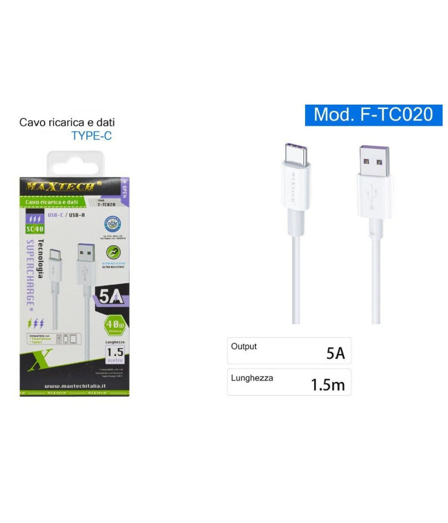 Cavo Usb Type-c 5a 1.5 Metri Dati Ricarica Rapida Per Smartphone Tablet F-tc020         