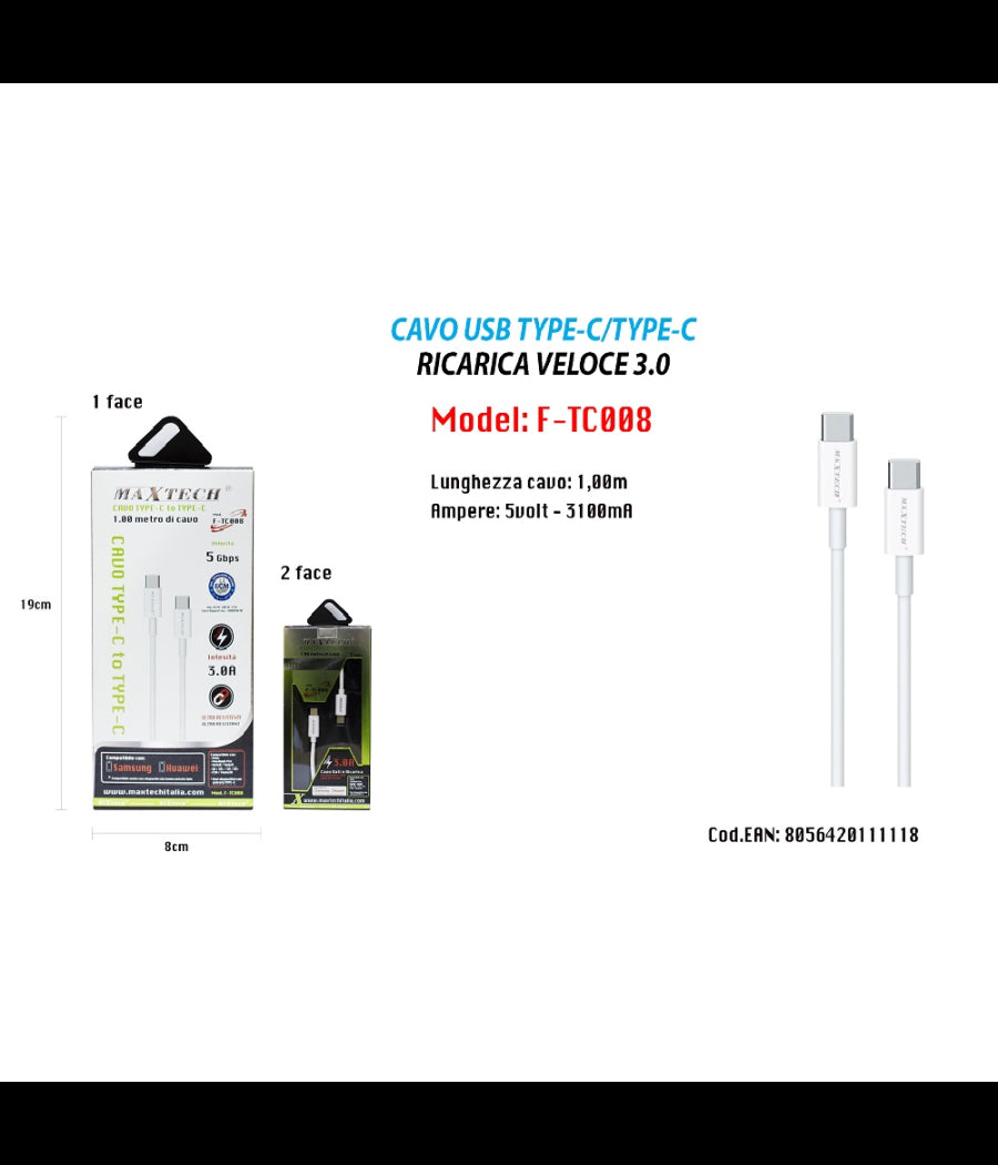 Cavo Usb Type-c A Usb Type-c 3.0 1mt Compatibile Samsung Huawei Maxtech F-tc008         