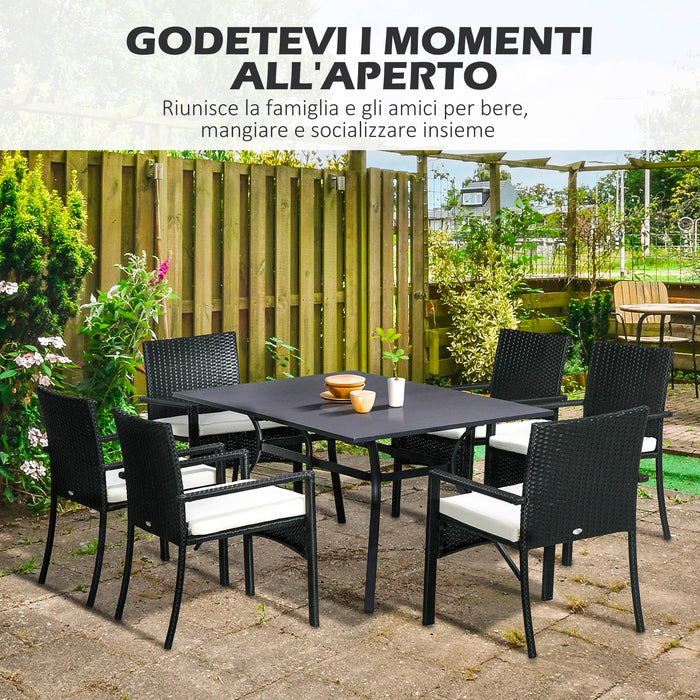 Set Tavolo e 6 Sedie da Giardino con Cuscini in Acciaio Rattan PE Nero e Beige