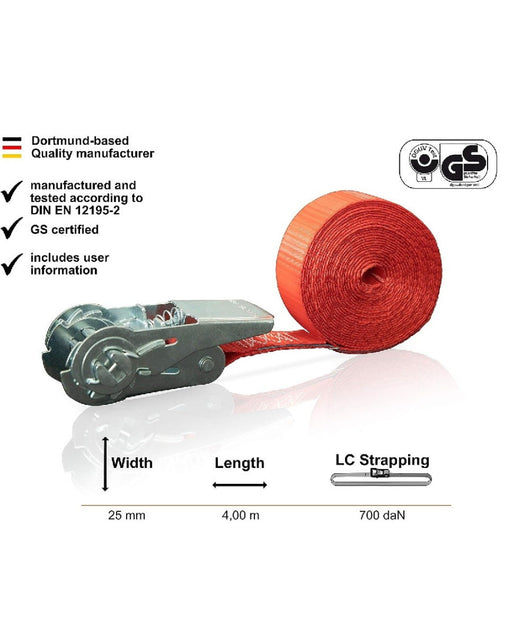 Cinghia A Cricchetto Monoblocco 500 Dan Lunghezza 4metri Rosso X 25mm Max 500kg         