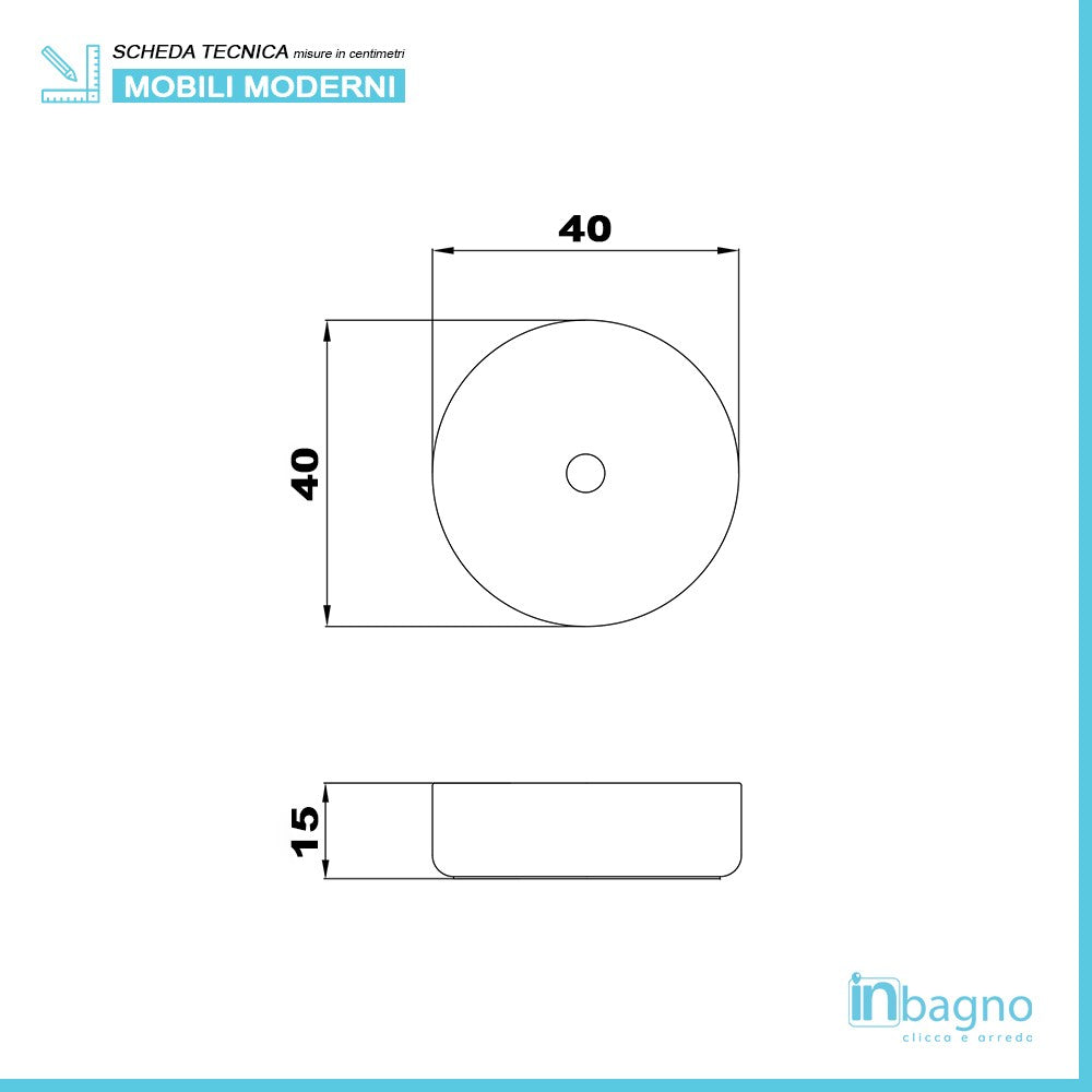 Lavabo da appoggio tondo a ciotola Diametro 40 cm in Ceramica Bianco Lucido