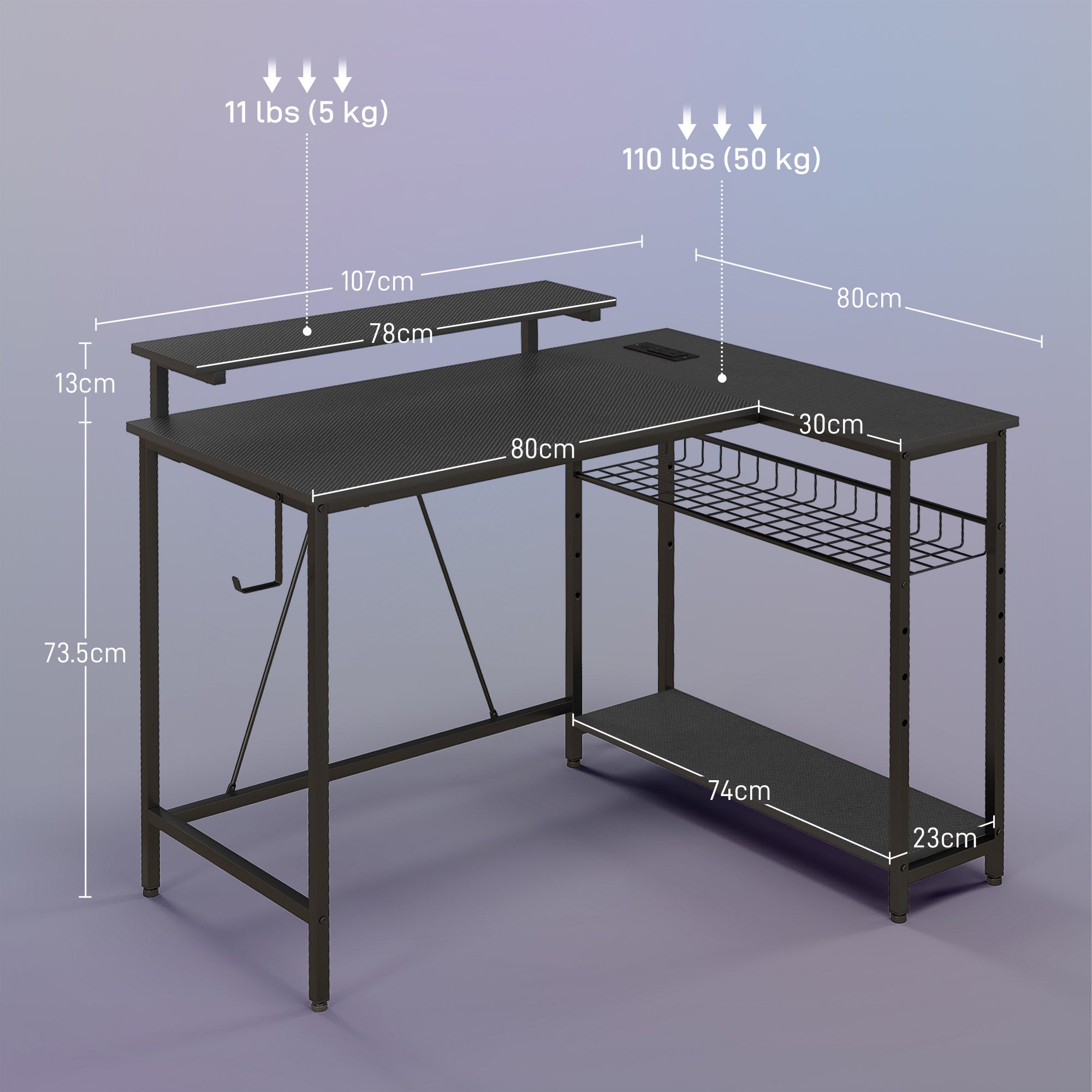 Scrivania Angolare Reversibile LED integrati Prese USB Ripiani e Supporto Monitor Nero