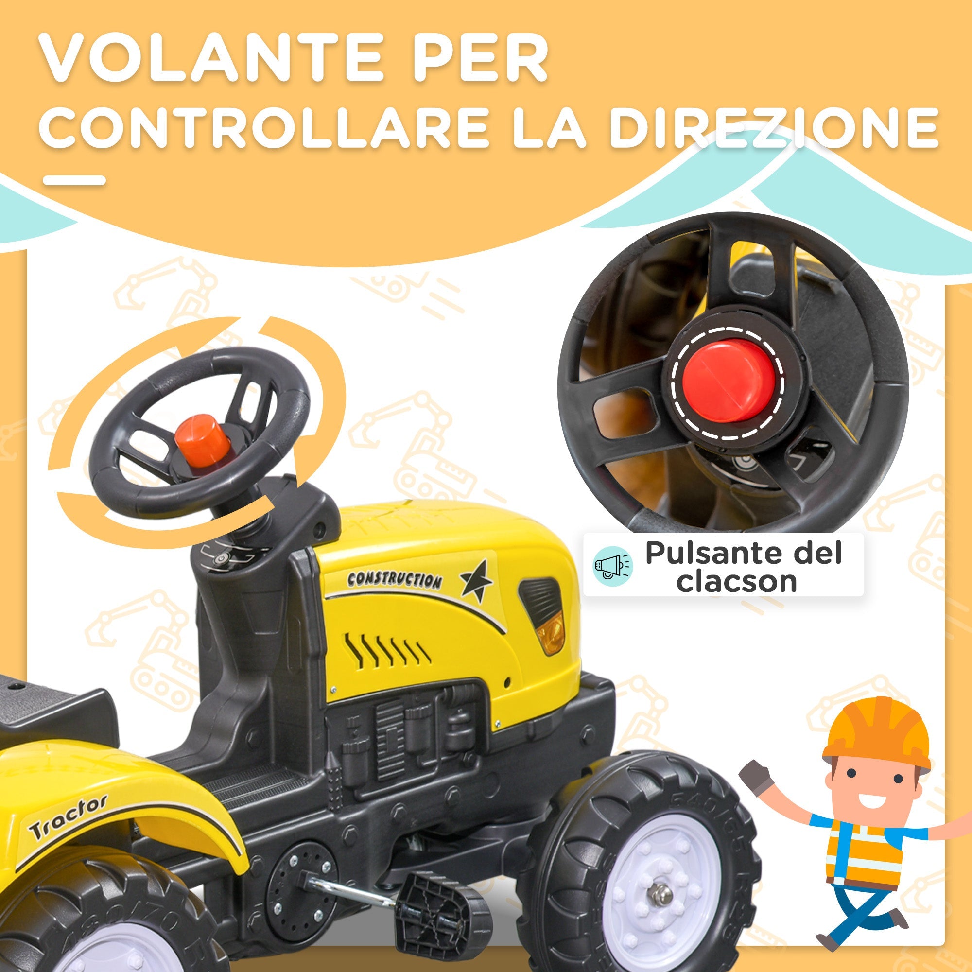 Trattore a Pedali per Bambini con Rimorchio e Accessori Giallo