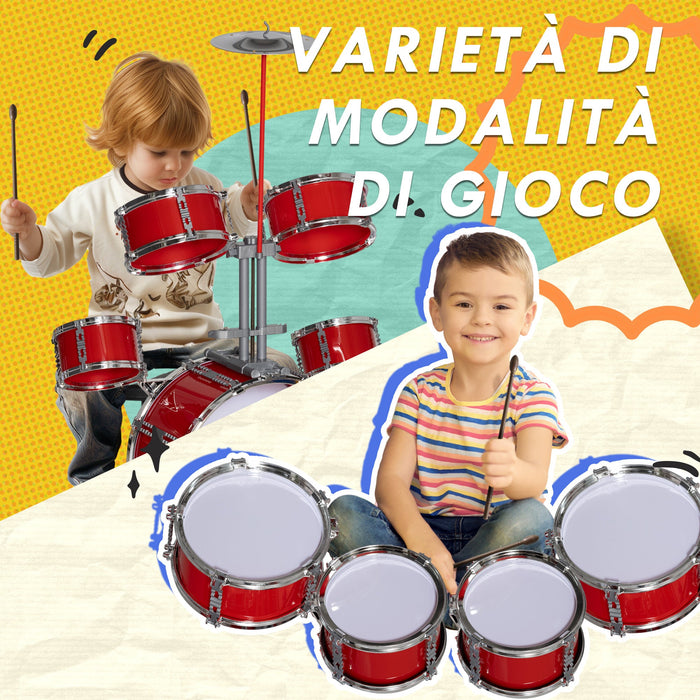 Batteria Musicale Giocattolo per Bambini Grancassa 4 Tamburi e Piatti con Bacchette e Sgabello Rosso