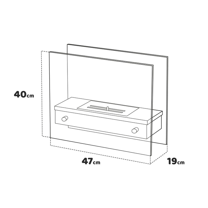 Cleopatra - Caminetto a bioetanolo da tavola con 1 bruciatore da 1.5L. Camino a bioetanolo da appoggio in acciaio inox e vetro temperato. Dimensioni: 47x40cm