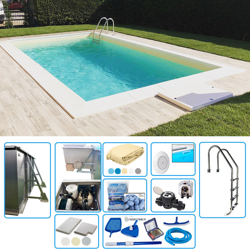 Piscina Interrata In Pannelli D'acciaio Italika Easy Rettangolare 8,00 X 5,00 H1,50 M - Kit Pro Con Liner Presaldato A Sacco 0,75 Mm