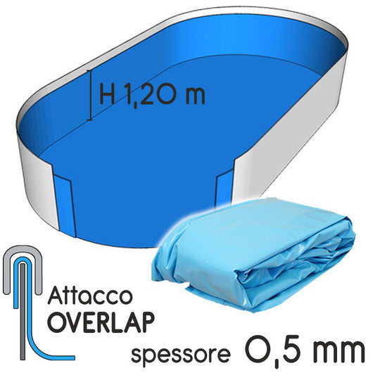 Liner Per Piscina A Forma Ovale 5,50 X 3,70 X H.1,20 M Azzurro - Attacco Overlap - Spessore 0,50 Mm