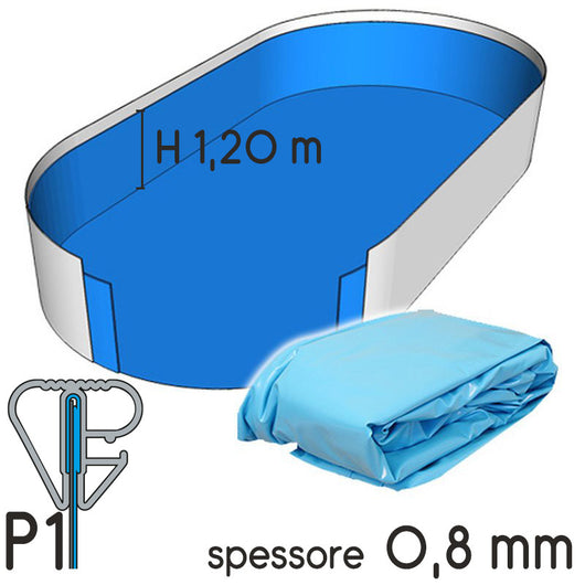 Liner Per Piscina A Forma Ovale 8,00 X 4,16 X H. 1,20 M Azzurro - Attacco P1 - Spessore 0,80 Mm