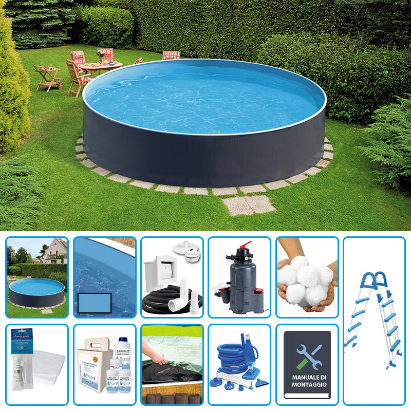 Piscina Fuori Terra Circolare Azuro Graphite  5,00 H.1,20 M - Kit Pro