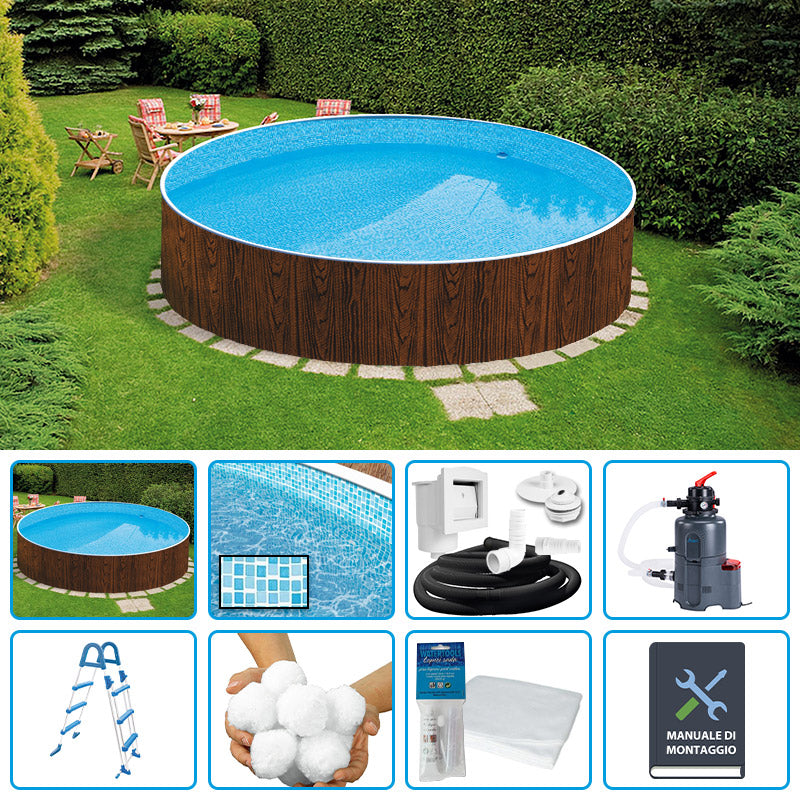 Piscina Fuori Terra Circolare Azuro Wood  3,60 H.1,20 M - Kit Easy Con Liner Mosaico