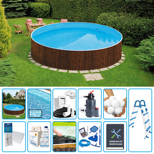 Piscina Fuori Terra Circolare Azuro Wood  3,60 H.1,20 M - Kit Pro Con Liner Mosaico