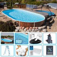 Piscina Fuori Terra Ovale Azuro Wood 7,30 X 3,70 X H.1,20 M - Kit Easy Con Liner Mosaico