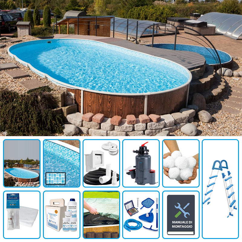 Piscina Fuori Terra Ovale Azuro Wood 7,30 X 3,70 X H.1,20 M - Kit Pro Con Liner Mosaico