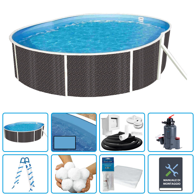 Piscina Fuori Terra Ovale Azuro Rattan 5,50 X 3,70 X H.1,20 M - Kit Easy