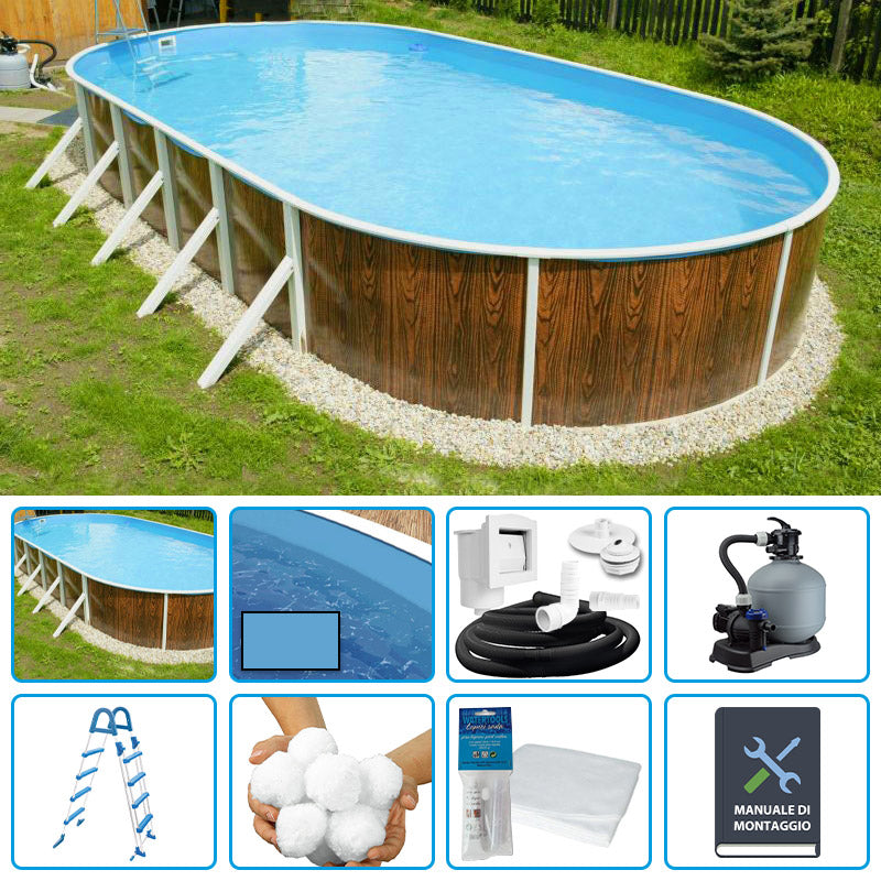 Piscina Fuori Terra Ovale Azuro Wood 9,10 X 4,60 X H.1,20 M - Kit Easy