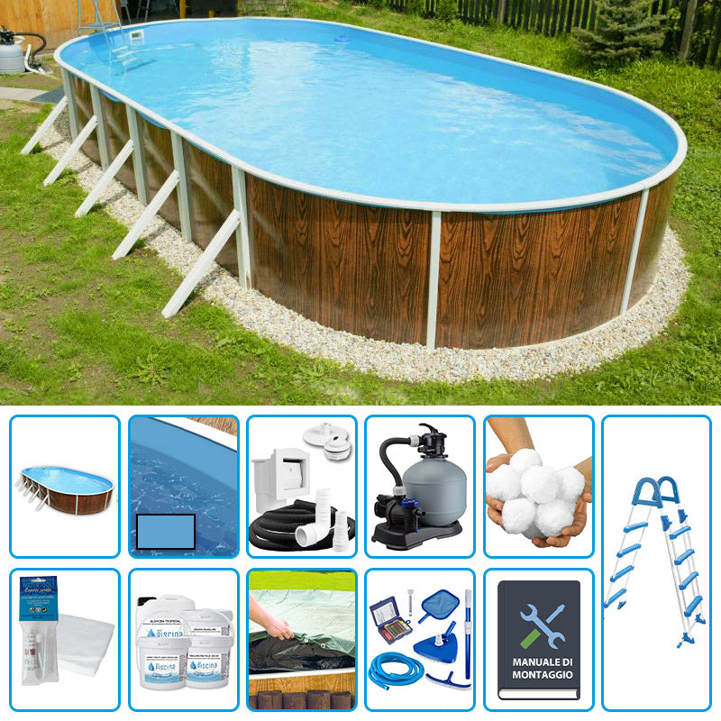 Piscina Fuori Terra Ovale Azuro Wood 9,10 X 4,60 X H.1,20 M - Kit Pro