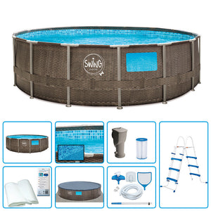 Piscina Fuori Terra Swing Metal Frame Wicker Design Con Finestra  4,57 X H 1,22 M - Kit Easy Con Skimmer Plus