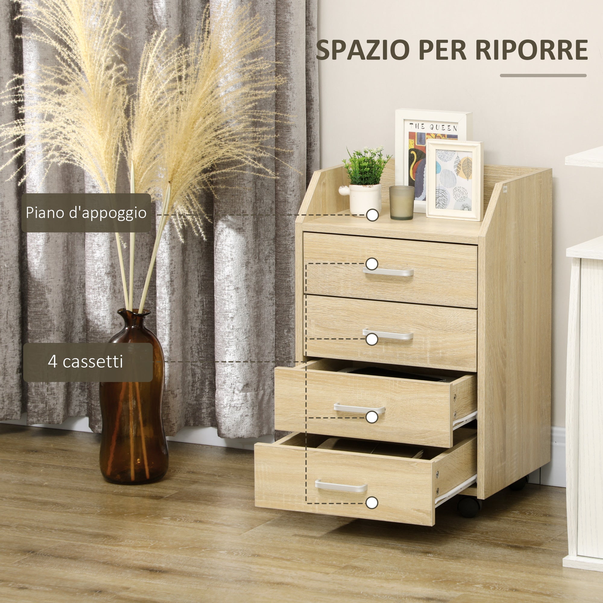 Cassettiera da Ufficio con 4 Cassetti Ruote e Bordi Rialzati 40x36x65 cm in Legno Legno Naturale