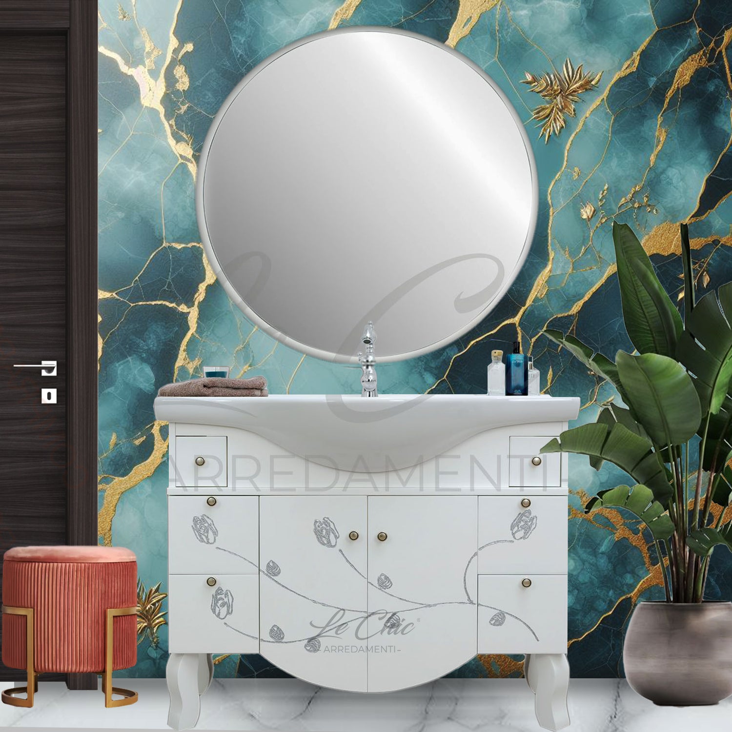 Arredo bagno contemporaneo con frontale decorato e specchio led