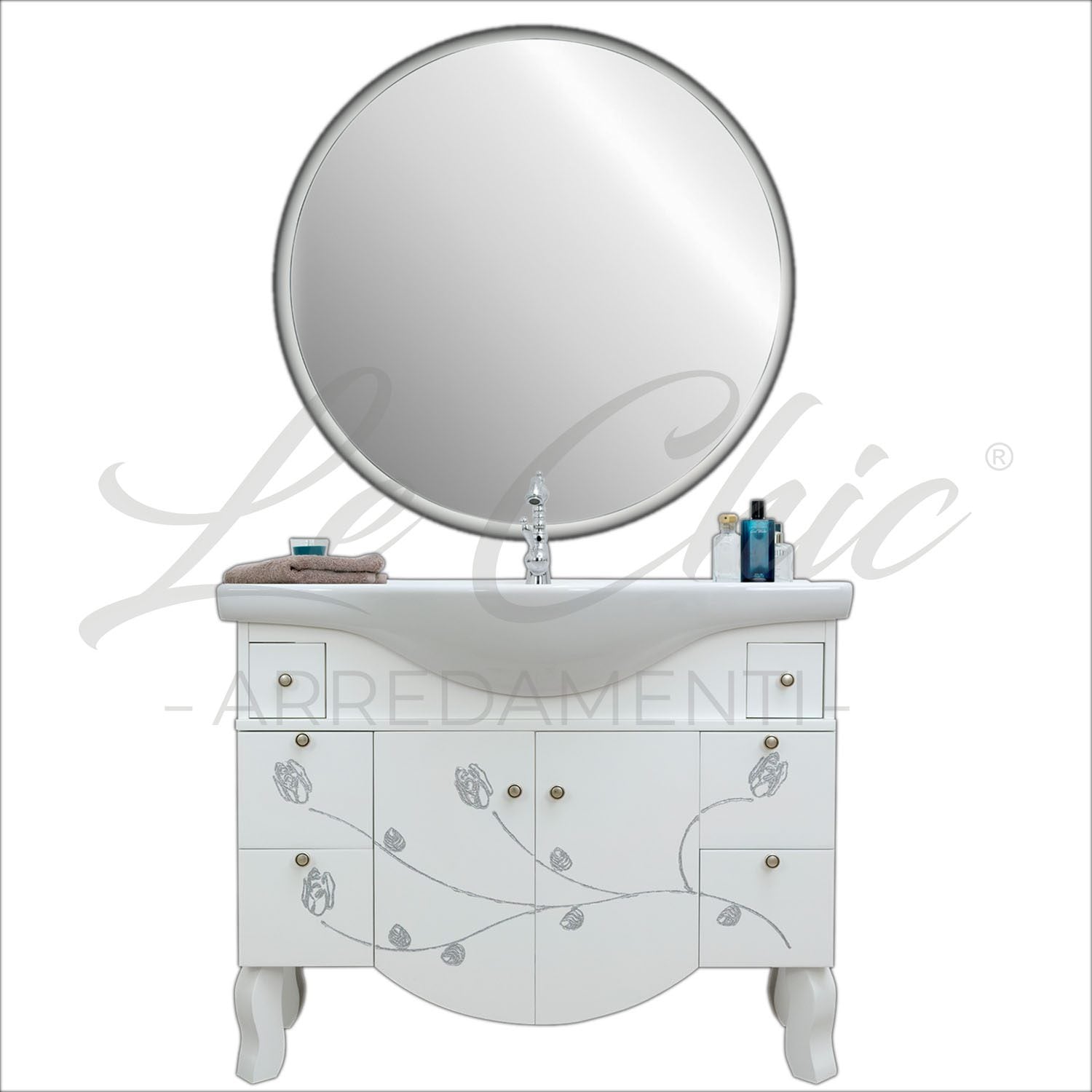 Arredo bagno contemporaneo con frontale decorato e specchio led