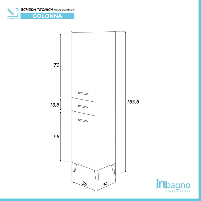 Colonna Bagno 2 Ante e 1 Cassetto colore Bianco 35x153,5 cm