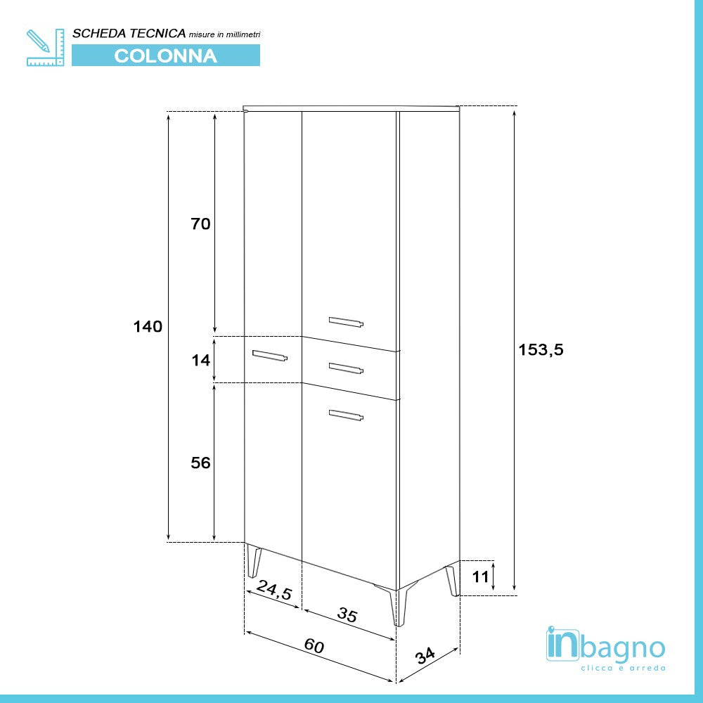 Doppia Colonna Bagno 60x148 cm colore Bianco con 3 Ante e 1 Cassetto