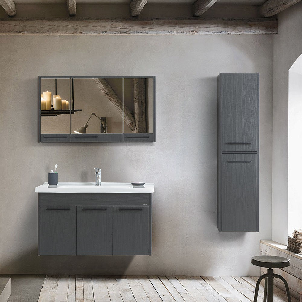 Colonna bagno sospesa 140 cm grigio effetto legno 2 ante soft-close Sofia