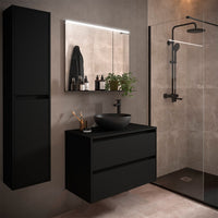 Colonna bagno sospesa 140 cm nero satinato ripiani regolabili Gaya