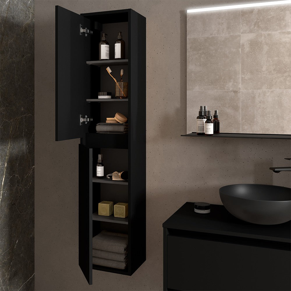 Colonna bagno sospesa 140 cm nero satinato ripiani regolabili Gaya